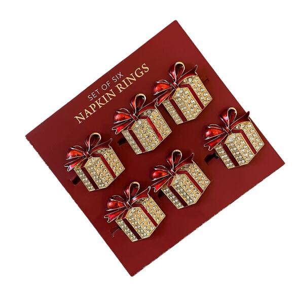 Envogue Rhinestone CHRISTMAS Present Napkin Rings Set of 6 Holiday Red Gold New - Picture 5 of 13